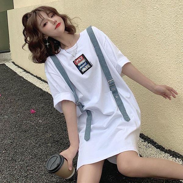 women's t-shirt denim strap fake two short sleeve summer dress design sense large size show thin lower body missing half, White
women's t-shirt denim strap fake two short sleeve summer dress design sense large size show thin lower body missing half, White