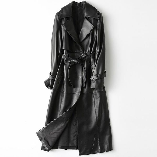 women's leather & faux designer women genuine jacket turn-down collar elegant slim long sheepskin coat with belt, Black
women's leather & faux designer women genuine jacket turn-down collar elegant slim long sheepskin coat with belt, Black