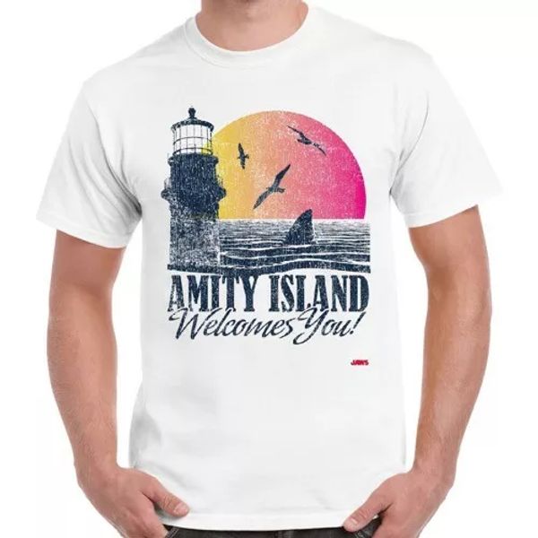 amity island welcomes you jaws 70s film quints movie vintage retro tshirt 2276, White;black
amity island welcomes you jaws 70s film quints movie vintage retro tshirt 2276, White;black