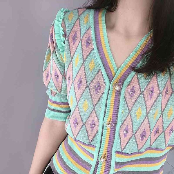women's knits & tees diamonds ruffles patchwork v-neck short cardigan women 2021 spring summer vintage argyle sweater fashion crop, White
women's knits & tees diamonds ruffles patchwork v-neck short cardigan women 2021 spring summer vintage argyle sweater fashion crop, White