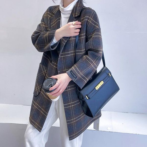 women's wool & blends 2021 autumn winter simplicity plaid long-sleeved loose woolen coat casual mid-length cashmere overcoat simple jac, Black
women's wool & blends 2021 autumn winter simplicity plaid long-sleeved loose woolen coat casual mid-length cashmere overcoat simple jac, Black