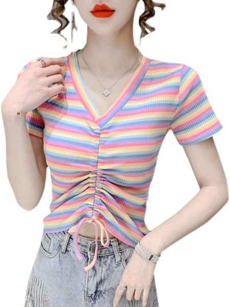 women's t-shirt #4363 summer rainbow striped knitted t shirt women v nexk slim clubwear short sleeves front drawstring, White
women's t-shirt #4363 summer rainbow striped knitted t shirt women v nexk slim clubwear short sleeves front drawstring, White