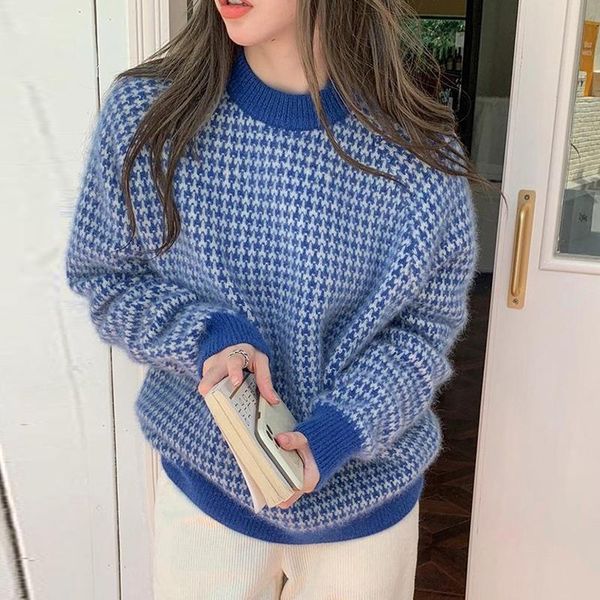 women's sweaters vintage o-neck plaid knitted sweater women korean loose pullover 2021 fall winter houndstooth long sleeve female jump, White;black
women's sweaters vintage o-neck plaid knitted sweater women korean loose pullover 2021 fall winter houndstooth long sleeve female jump, White;black