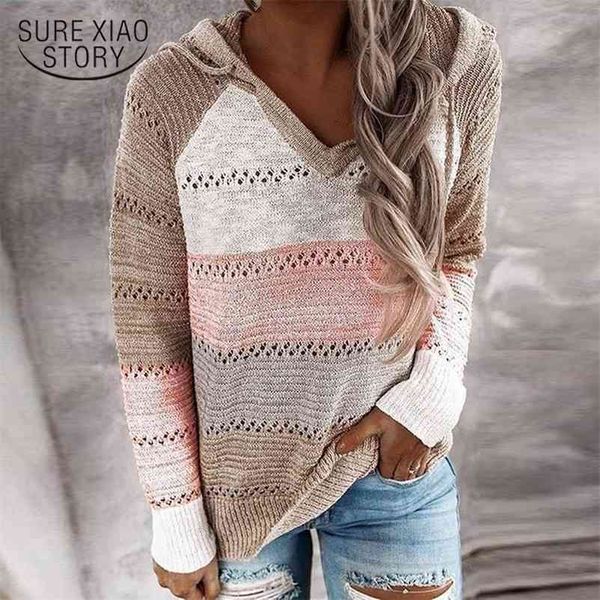 long sleeve knitted sweater autumn casual v neck patchwork hooded winter striped pullover women jumpers 11663 210510, White;black
long sleeve knitted sweater autumn casual v neck patchwork hooded winter striped pullover women jumpers 11663 210510, White;black