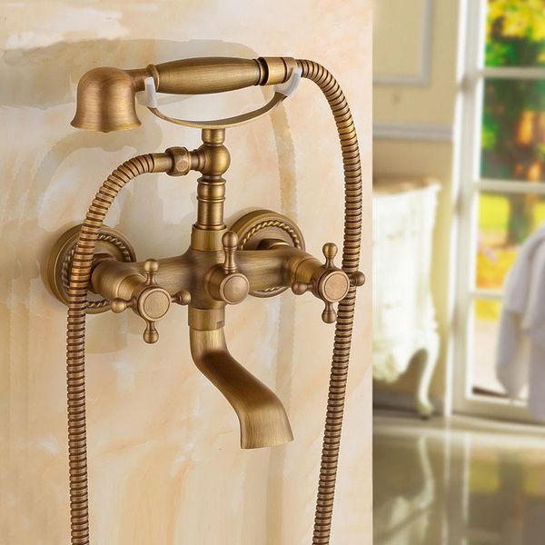 antique brass dual handle bathroom wall mounted shower faucet set, european telephone style set mixer solid water tap sets
antique brass dual handle bathroom wall mounted shower faucet set, european telephone style set mixer solid water tap sets