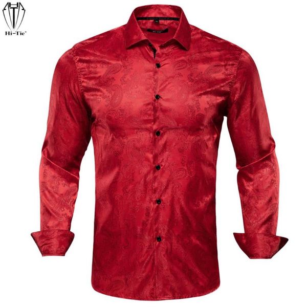 men's casual shirts hi-tie luxury silk mens long sleeve red paisley men shirt slim fit for male dress jeans wedding gift, White;black