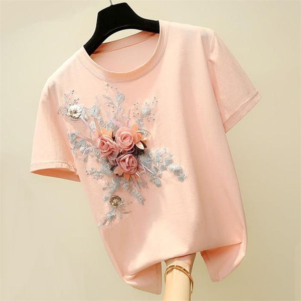 o neck flower embroidery pullover shirt women loose causal pink short sleeve tees summer cutton 210602, White
o neck flower embroidery pullover shirt women loose causal pink short sleeve tees summer cutton 210602, White