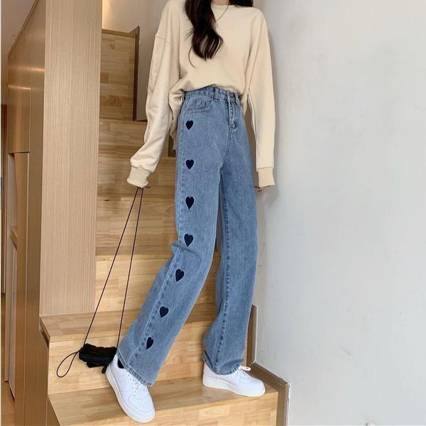women's jeans vintage heart printing high waist loose straight-leg wide-leg pants straight denim fashion trousers, Blue
women's jeans vintage heart printing high waist loose straight-leg wide-leg pants straight denim fashion trousers, Blue