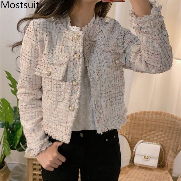 single-breasted tweed women coat jacket spring full sleeve o-neck pockets elegant fashion vintage korean ladies coats 210518, Black;brown
single-breasted tweed women coat jacket spring full sleeve o-neck pockets elegant fashion vintage korean ladies coats 210518, Black;brown