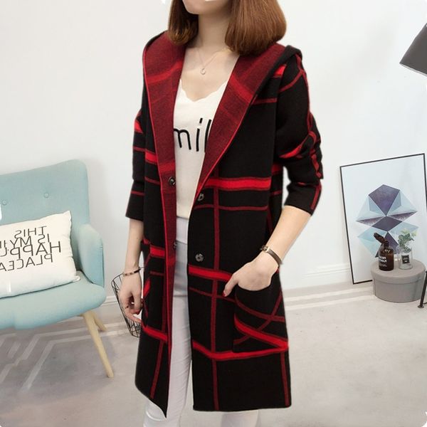 sweaters autumn and winter mid-length knitted hooded long-sleeved plaid korean loose sweater women's coat trend, White;black
sweaters autumn and winter mid-length knitted hooded long-sleeved plaid korean loose sweater women's coat trend, White;black