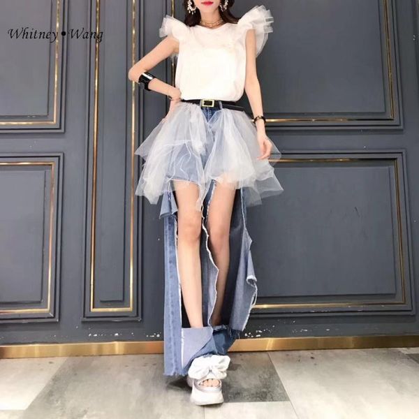 women's jeans whitney wang 2021 spring summer fashion streetwear designer style mesh ruffles patchwork torn holejeans women denim pants, Blue
women's jeans whitney wang 2021 spring summer fashion streetwear designer style mesh ruffles patchwork torn holejeans women denim pants, Blue