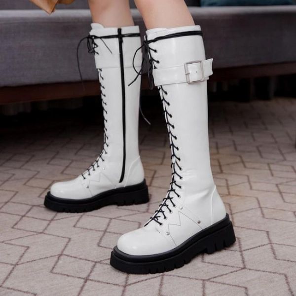 low heel shoes women autumn lace up tube knee high side zipper motorcycle boots, Black
low heel shoes women autumn lace up tube knee high side zipper motorcycle boots, Black