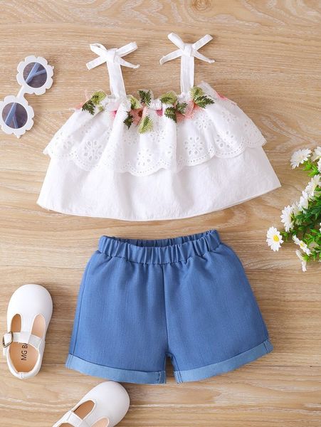 baby floral & eyelet embroidery bow shoulder cami & shorts she, White