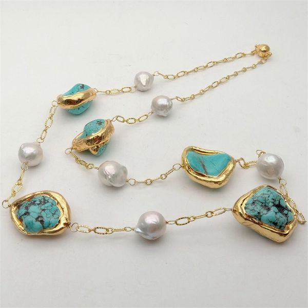 32" white keshi pearl blue howlite nugget yellow gold color plated pave long necklace chains necklace party ethnic for women, Silver
32" white keshi pearl blue howlite nugget yellow gold color plated pave long necklace chains necklace party ethnic for women, Silver