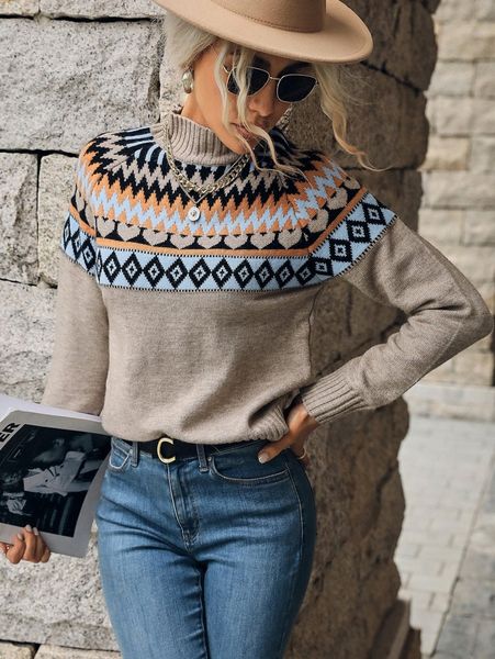 fair isle pattern raglan sleeve mock neck sweater 65v0#, White 
fair isle pattern raglan sleeve mock neck sweater 65v0#, White