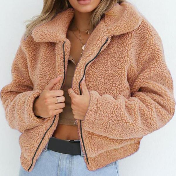 winter loose faux fur woolen coat woman turn-down collar pocket decora zipper women's jackets, Black;brown