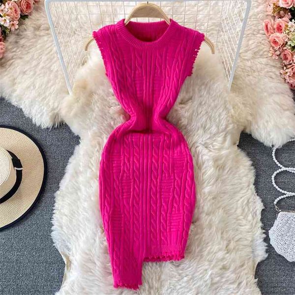 design twist knitted bodycon dress women solid o-neck sleeveless tassels irregluar slim stretch bandage mini sweater 210603, Black;gray
design twist knitted bodycon dress women solid o-neck sleeveless tassels irregluar slim stretch bandage mini sweater 210603, Black;gray