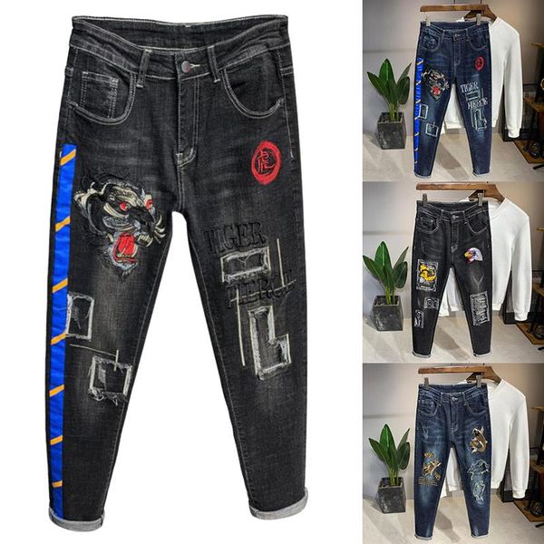 men's jeans mens casual stretch ripped slim fit pants embroidery long denim trousers, Blue
men's jeans mens casual stretch ripped slim fit pants embroidery long denim trousers, Blue