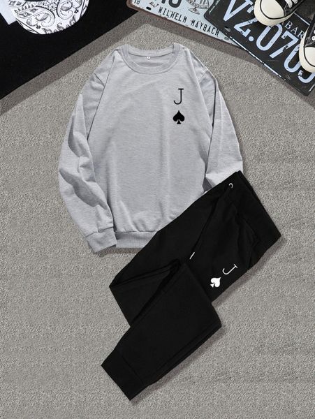 men playing cards sweatshirt & drawstring detail sweatpants set x60s#, Gray
men playing cards sweatshirt & drawstring detail sweatpants set x60s#, Gray
