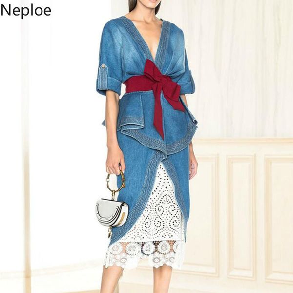 neploe fashion two pieces set denim bow sashes irregular blouse+skirt lace patchwork 2021 spring summer modis runway suit 42749 women's, White
neploe fashion two pieces set denim bow sashes irregular blouse+skirt lace patchwork 2021 spring summer modis runway suit 42749 women's, White