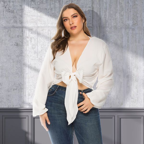 qnpqyx summer plus size women's bow-knot blouse ladies wear on both sides short tube solid color long-sleeved shirt, White 
qnpqyx summer plus size women's bow-knot blouse ladies wear on both sides short tube solid color long-sleeved shirt, White