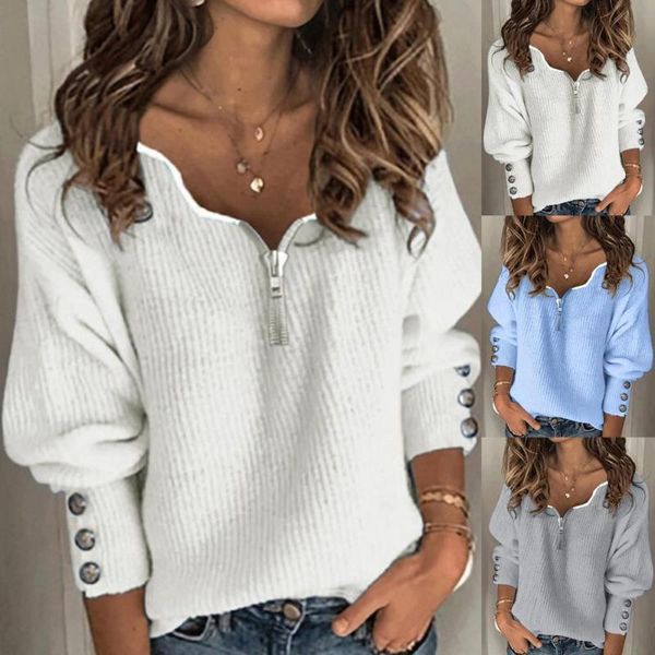 women's sweaters women autumn zip v neck long sleeve buttons cuff loose pullover sweater blouse, White;black
women's sweaters women autumn zip v neck long sleeve buttons cuff loose pullover sweater blouse, White;black