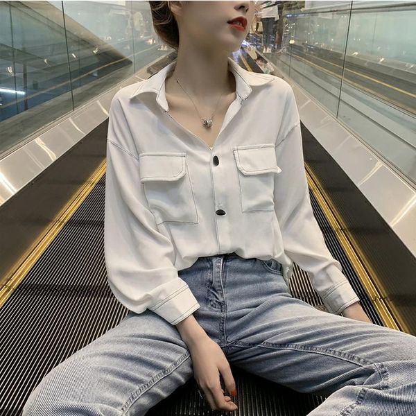 women's blouses & shirts 2021 summer women blouse pockets loose solid office lady elegant chiffon all match outwear coat, White
women's blouses & shirts 2021 summer women blouse pockets loose solid office lady elegant chiffon all match outwear coat, White
