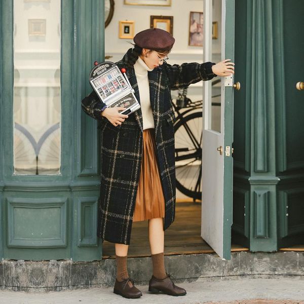 women's wool & blends manteau 2021 autumn winter long plaid woolen coats female college wind vintage thick nizi coat women jackets over, Black
women's wool & blends manteau 2021 autumn winter long plaid woolen coats female college wind vintage thick nizi coat women jackets over, Black
