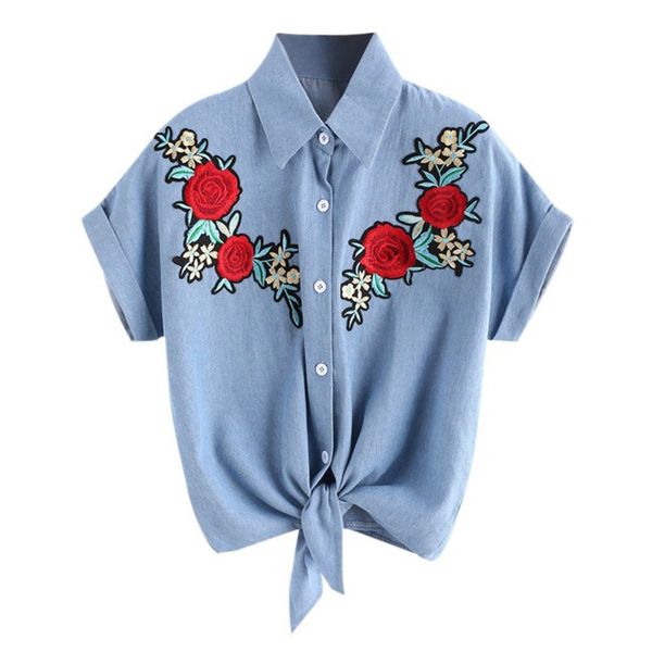 2019 vintage short sleeve casual women blouse and women retro temperament rose embroidered denim lapel blouse shirt x0521, White
2019 vintage short sleeve casual women blouse and women retro temperament rose embroidered denim lapel blouse shirt x0521, White