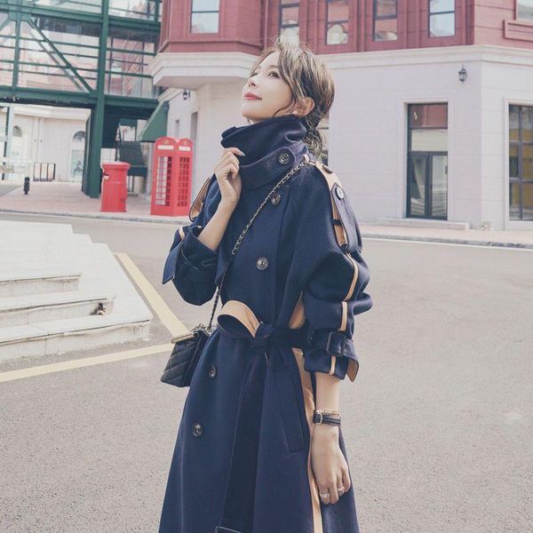 women's wool & blends 2021 winter clothes fashion double row buckle strap slim long coat contrast stitched over knee woolen, Black
women's wool & blends 2021 winter clothes fashion double row buckle strap slim long coat contrast stitched over knee woolen, Black