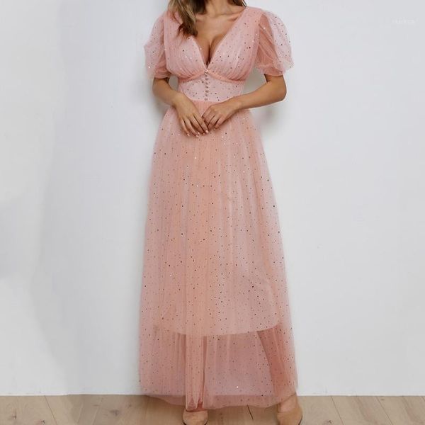 fashion women casual mesh dress ladies v-neck puff sleeve yarn pleated long formal elegant party #3, Black;gray 
fashion women casual mesh dress ladies v-neck puff sleeve yarn pleated long formal elegant party #3, Black;gray