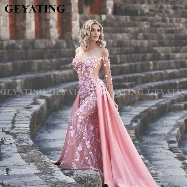party dresses arabic off shoulder 3d flower pink mermaid evening dress with detachable train long sleeve women formal special occasion, White;black
party dresses arabic off shoulder 3d flower pink mermaid evening dress with detachable train long sleeve women formal special occasion, White;black