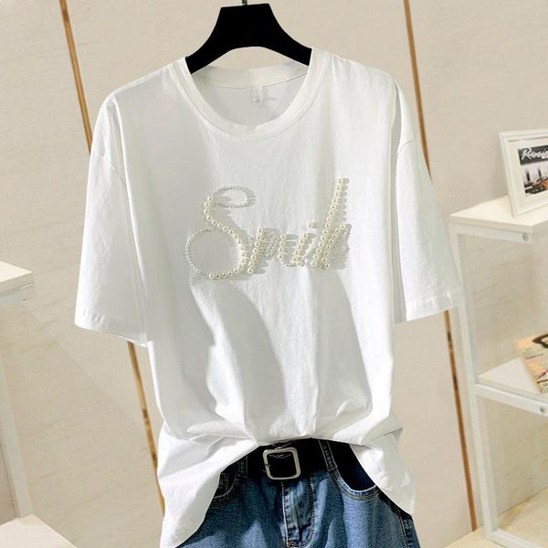 women's t-shirt short-sleeved summer 2021 all-match beaded loose 0407, White
women's t-shirt short-sleeved summer 2021 all-match beaded loose 0407, White