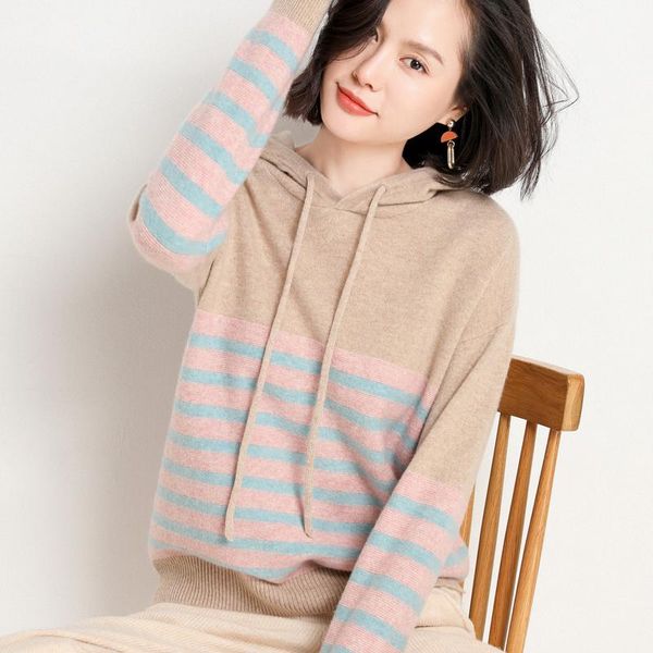 women's sweaters wool pullover loose hooded striped color matching knit bottoming shirt fashionable casual outer wear sweater, White;black
women's sweaters wool pullover loose hooded striped color matching knit bottoming shirt fashionable casual outer wear sweater, White;black