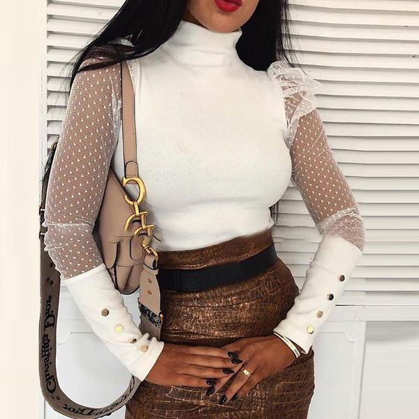 women spring autumn long sleeve t-shirts mesh patchwork design lace button decor see through high collar slim pullovers women's t-s, White
women spring autumn long sleeve t-shirts mesh patchwork design lace button decor see through high collar slim pullovers women's t-s, White