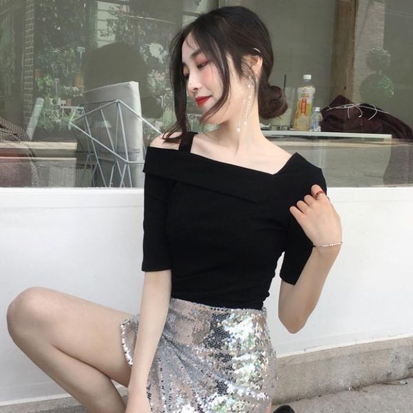 women's t-shirt off shoulder solid t shirt for women clothes korean casual style slim tees summer asymmetric collar ins hipster ladies, White
women's t-shirt off shoulder solid t shirt for women clothes korean casual style slim tees summer asymmetric collar ins hipster ladies, White