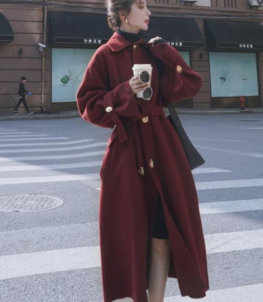 

women's wool & blends woolen female over knee long burgundy autumn winter loose thick solid women overcoat elegant blend robe coat outd, Black