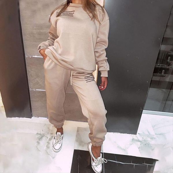 print letter long sleeve women tracksuits tracksuit set sports o neck and drawstring pants female fashion lady suit, Gray