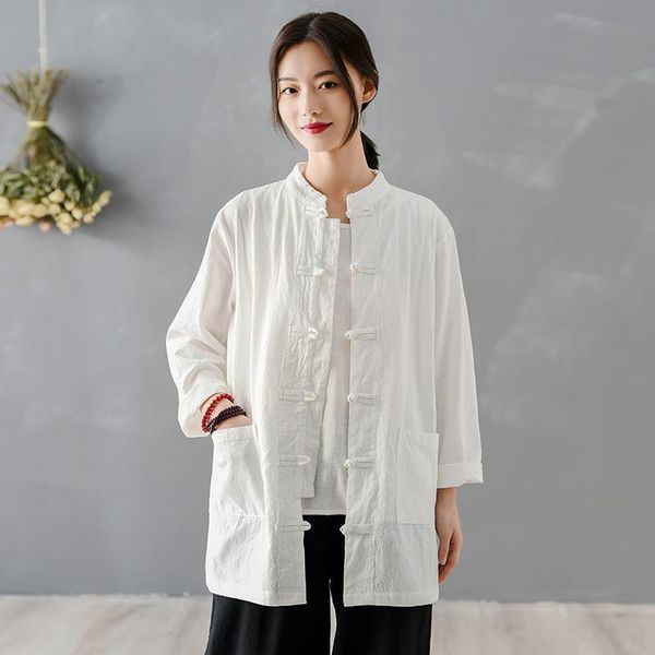 spring vintage cotton linen women shirt chinese style stand long sleeve button pockets, White
spring vintage cotton linen women shirt chinese style stand long sleeve button pockets, White