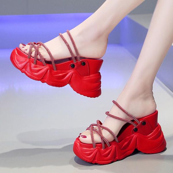 peep toe wedges shoes for women summer platform sandals roman beach slip on rubber female sports, Black