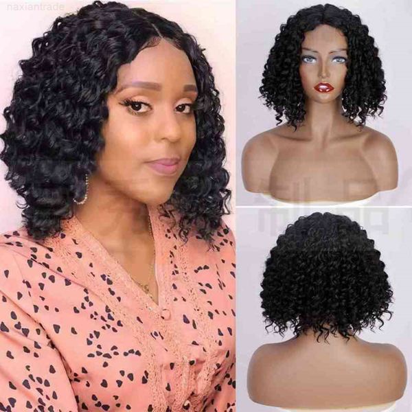 wig wig small short kinky curly high temperature chemical fiber head cover, Black