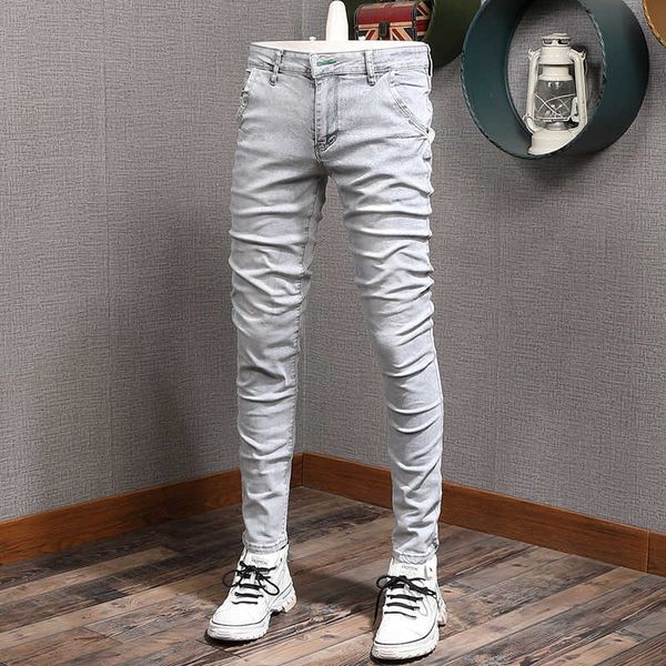 men's jeans korean style fashion retro light gray elastic slim fit casual streetwear trousers designer punk pencil pants qumm, Blue
men's jeans korean style fashion retro light gray elastic slim fit casual streetwear trousers designer punk pencil pants qumm, Blue