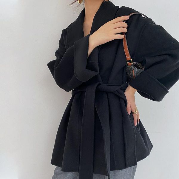 women's wool & blends minimalist casual turn-down collar open front female real coat with sashes womens elegant simple solid color oute, Black
women's wool & blends minimalist casual turn-down collar open front female real coat with sashes womens elegant simple solid color oute, Black