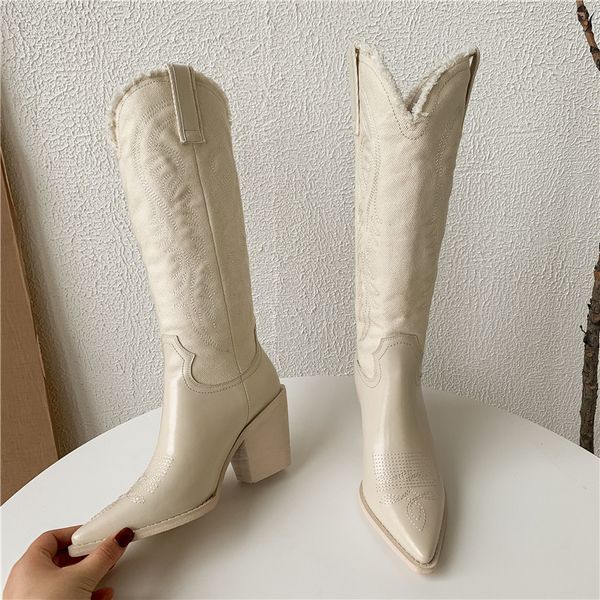 boot white canvas embroidery knee height western heel thin pointed boots designer women's shoes, Black
boot white canvas embroidery knee height western heel thin pointed boots designer women's shoes, Black