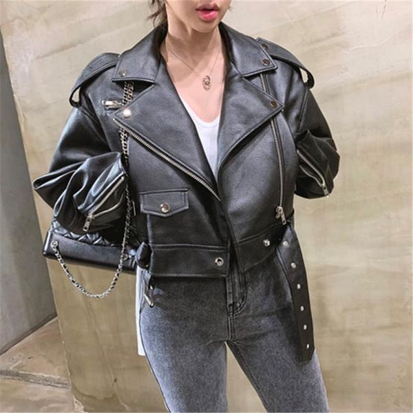 women's leather & faux 2021 short korean vintage women pu jacket with belt autumn high waist solid long-sleeve motorcycle biker, Black
women's leather & faux 2021 short korean vintage women pu jacket with belt autumn high waist solid long-sleeve motorcycle biker, Black