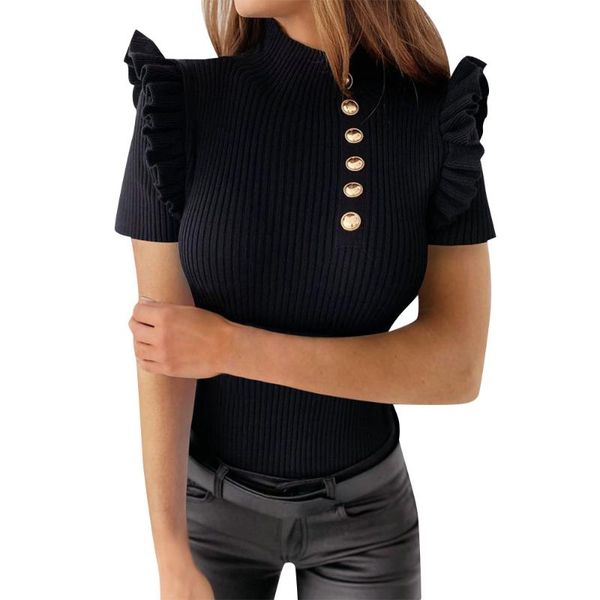 elegant women solid color t-shirts single-breasted design half high collar ruffle decor short sleeve summer slim pullover tshirt women', White
elegant women solid color t-shirts single-breasted design half high collar ruffle decor short sleeve summer slim pullover tshirt women', White