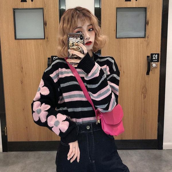 women's sweaters 2021 spring and autumn korean loose wild striped round neck shirt pullover long sleeve sweater women, White;black
women's sweaters 2021 spring and autumn korean loose wild striped round neck shirt pullover long sleeve sweater women, White;black