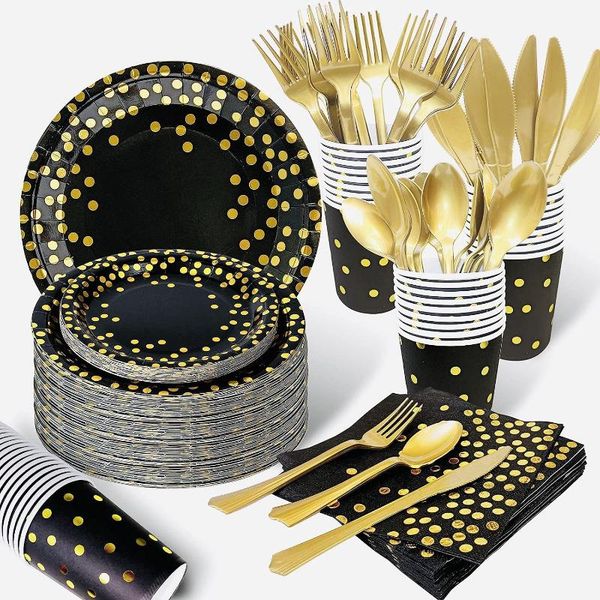 disposable dinnerware black and gold party supplies golden dot plastic plates forks knives spoons
disposable dinnerware black and gold party supplies golden dot plastic plates forks knives spoons