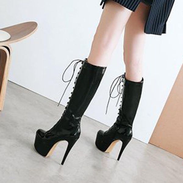 boots front lace season patent bottom water platform high leather pu thick large size shoes, Black
boots front lace season patent bottom water platform high leather pu thick large size shoes, Black