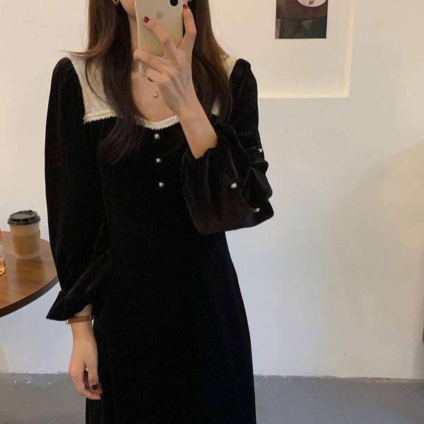 dresses french retro elegant women es chic lace veet patchwork long sleeve autumn ankle-length vestidos, Black;gray
dresses french retro elegant women es chic lace veet patchwork long sleeve autumn ankle-length vestidos, Black;gray